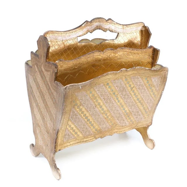 Wood Vintage Italian Florentine Magazine Rack in Giltwood, 1958 For Sale - Image 7 of 12