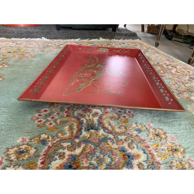 Chinoiserie Vintage Red Hand Painted Chinoiserie Tole Tray For Sale - Image 3 of 12