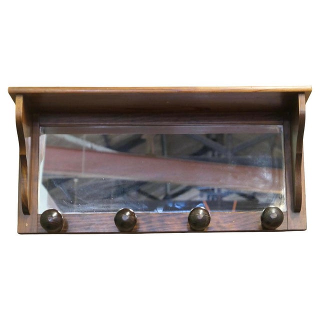 Wood French Dark Pine Wall Mirror with Shelf and Coat Hooks, 1960 For Sale - Image 7 of 7