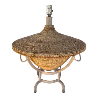 Vintage 90's Twisted Raffia Table Lamp on Metal Stand For Sale