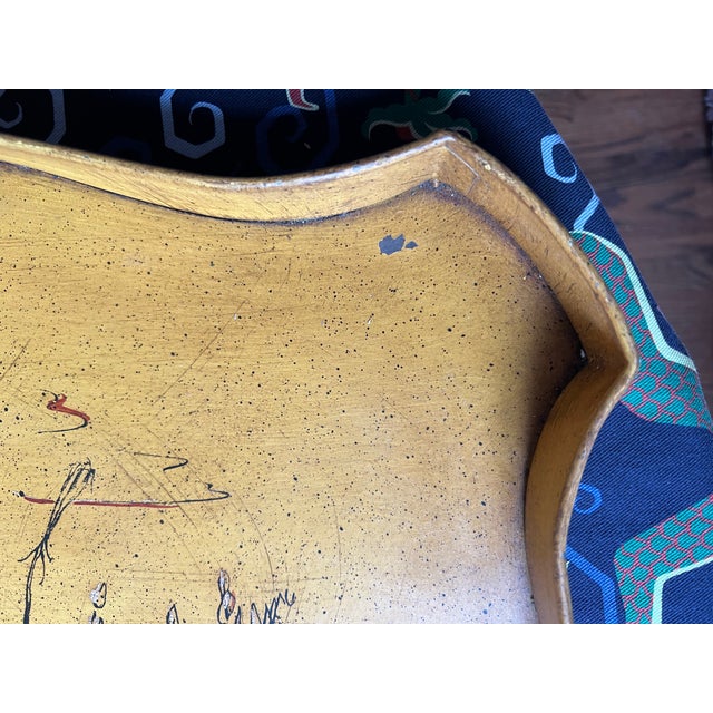 Vintage Tole Chinoiserie Tray Table With Faux Bamboo Collapsible Stand For Sale - Image 9 of 12