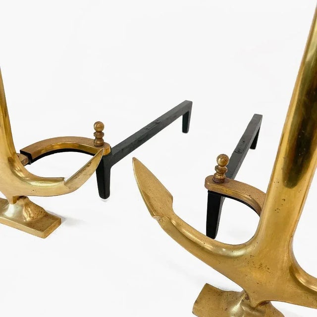 Puritan Pair of Vintage Brass Boat Anchor Andirons, Circa 1940s For Sale - Image 4 of 10