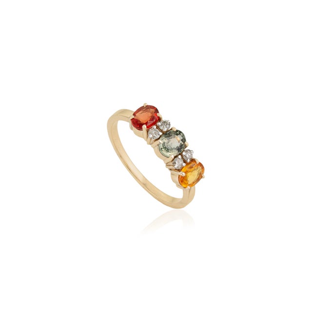 1.53 Carat Multi-Sapphire & Diamond Three-Stone Vintage 14k Gold Ring Size 6 For Sale - Image 4 of 17