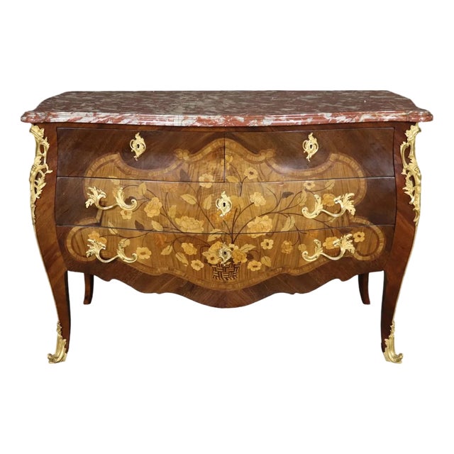1900-1909 Gilt Dore' Bronze Inlaid Bombe French Louis XV Marble Top Commode For Sale