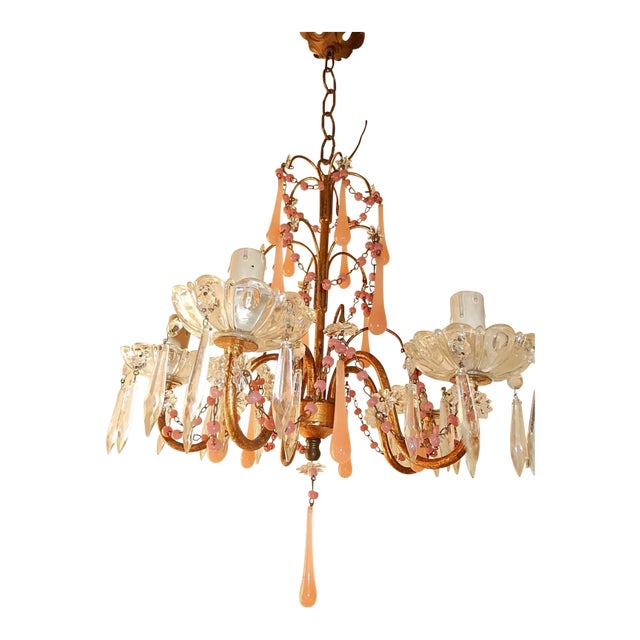 French Pink Opaline Crystal Prisms Chandelier For Sale