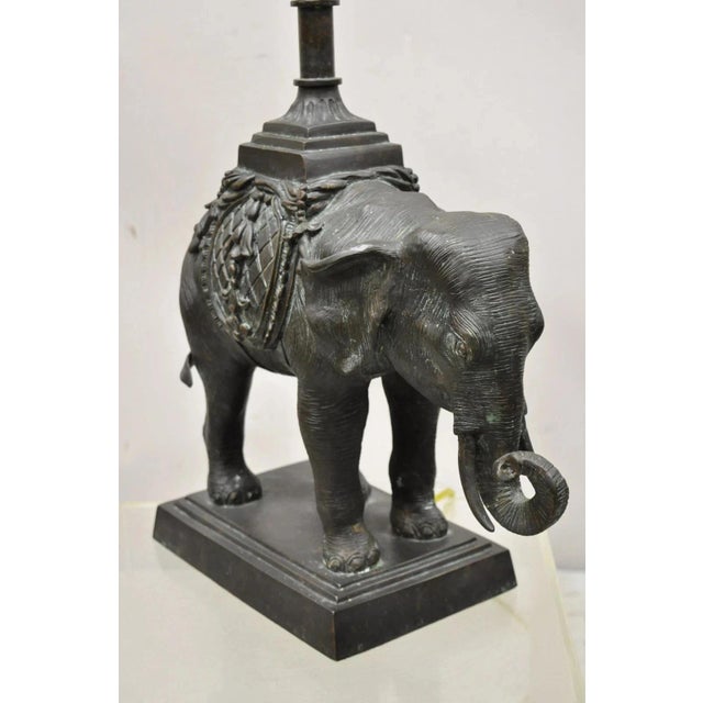Late 20th Century Maitland Smith Bronze Figural Elephant Table Lamp Faux Tooled Leather Shade (A) For Sale - Image 4 of 12