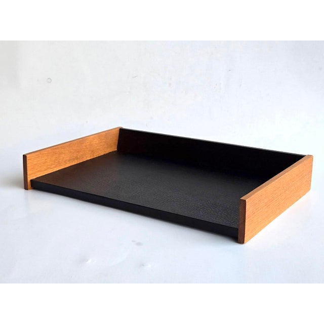 Offered is a mid 20th Century Danish Modern style desk organizer tray made of oak and lined with a matte black grained...