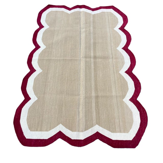 Not Yet Made - Made To Order Handmade Cotton Scalloped Rug Reversible Beige and Ruby Red Dhurrie-3'x5' For Sale - Image 9 of 11