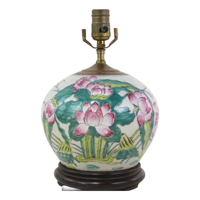 Vintage Famille Rose Porcelain Vase Lamp With Pink Lotus Blossom and Water Lily Motif For Sale