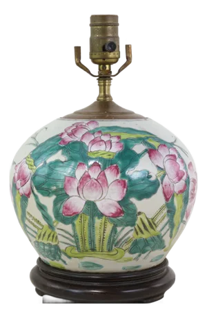 Vintage Famille Rose Porcelain Vase Lamp With Pink Lotus Blossom and Water Lily Motif