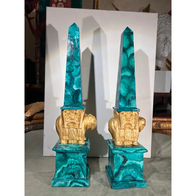 Grand Tour Pair of Grand Tour Faux Malachite Hand Painted & Gilded Obelisks of Minerva For Sale - Image 3 of 13