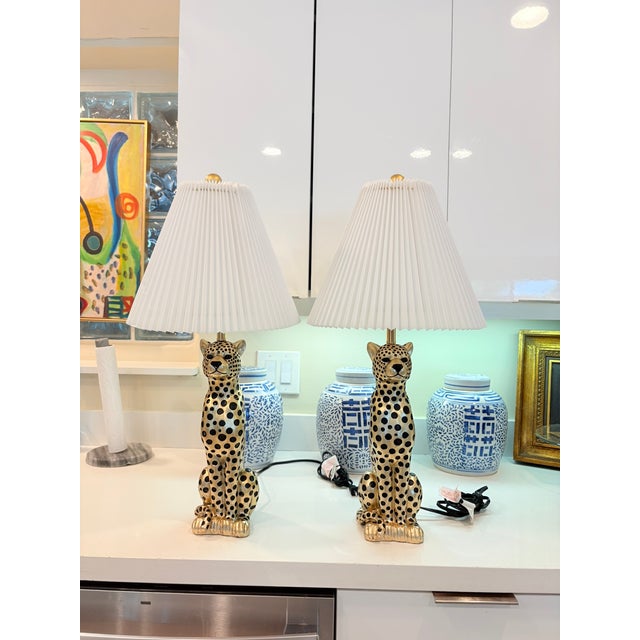 Gold Cheetah Animal Print Tiger Table Lamps With Pleated Shades - a Pair They give me Jonathan Adler vibes - Striking pair...