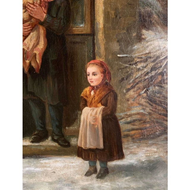 19th Century French Genre Oil Painting of Family Winter Scene With Dog For Sale In Dallas - Image 6 of 12