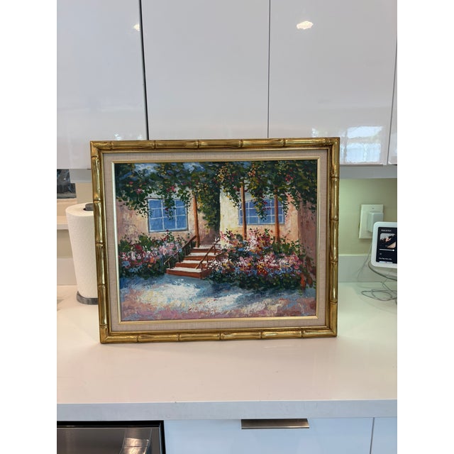 Vintage Framed Cottage Garden Entry Oil Painting With Gold Bamboo Frame Charming original oil painting featuring a sun...