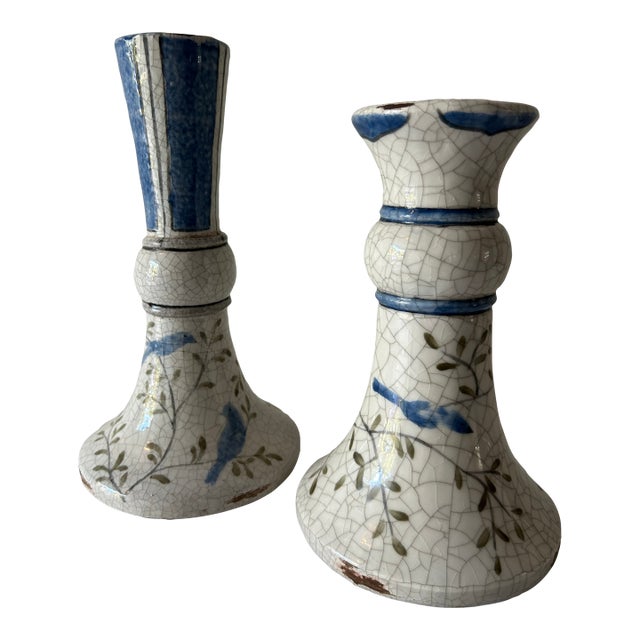 1990s Pair of Hand Painted Terracotta Candlesticks-Birds & Branches Motif For Sale