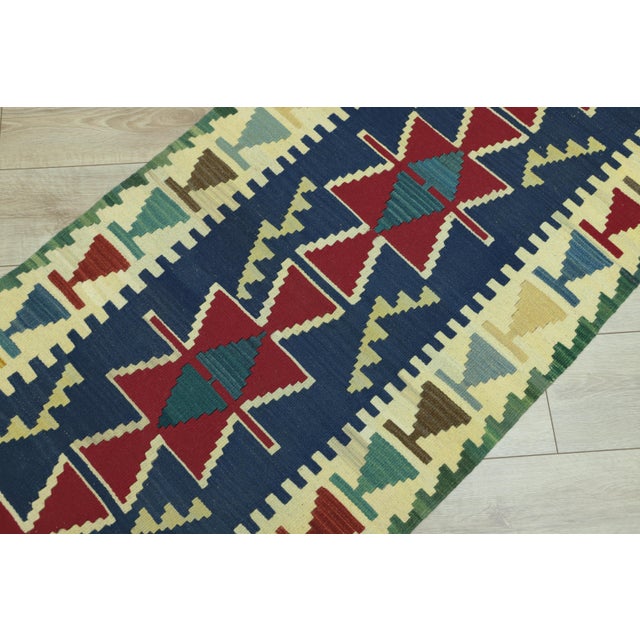 Textile 1960s Turkish Vintage Handmade Navy Blue Handmade Oushak Kilim Runner Rug For Sale - Image 7 of 12