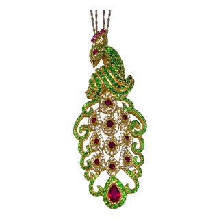 Bochic "Orient" Natural Ruby & Peridot Peacock Brooch/Pendant Set 18K & Silver For Sale