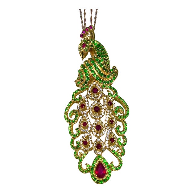 Bochic "Orient" Natural Ruby & Peridot Peacock Brooch/Pendant Set 18K & Silver For Sale
