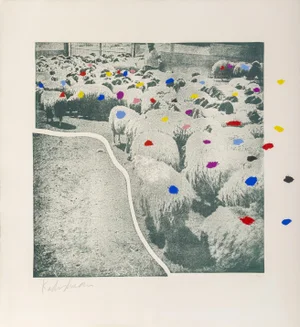 Menashe Kadishman, "Sheep on Green With Multicolor Dots", Pop Art Animal Print