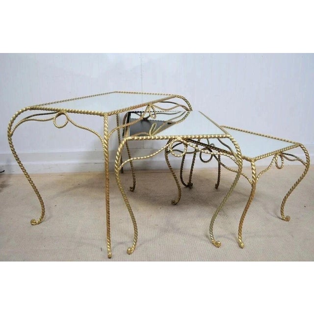 Vintage Italian Hollywood Regency Gold Rope Mirror Top 3 Pc Nesting Side Tables For Sale - Image 11 of 12