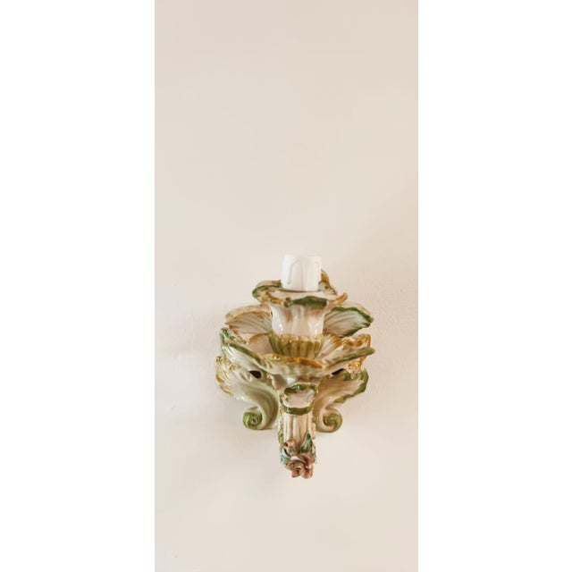 Mid-Century Modern Ceramic Wall Light Decorated with Flowers with Fabric Fan For Sale - Image 3 of 18