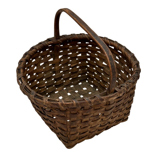 Excellent Small Size Antique New England American Hand Woven Ash Wood Splint Berry Gathering Basket For Sale