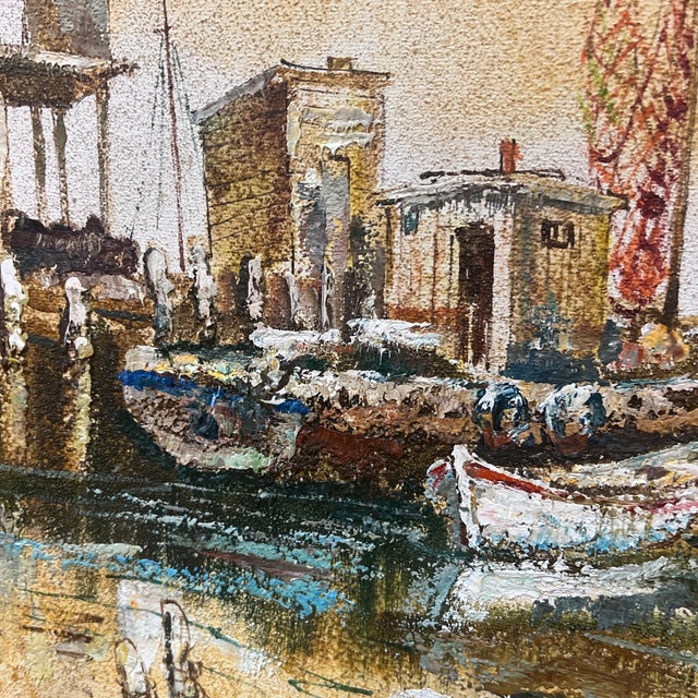 1970s 1970s Modern American Seascape Impressionist Style Oil on Canvas Titled Boats in the Harbour Framed Signed For Sale - Image 5 of 12