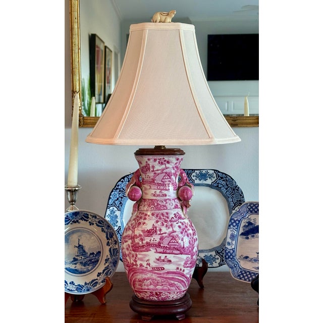 Vintage Chinese Porcelain Pink Chinoiserie Table Lamp With Pommegranate Flowered Handles For Sale - Image 12 of 12