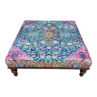 Blue Rug Print Fabric Upholstered Ottoman Coffee Table For Sale