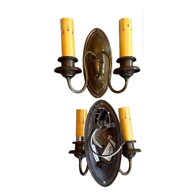 American Pair Traditionally Bronzing Brass Sconces, Circa 1920 For Sale - Image 3 of 4