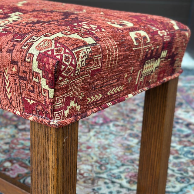 Wood Antique Oak Block Leg Bench Newly Reupholstered in Turkish Orange Kilim Fabric For Sale - Image 7 of 11