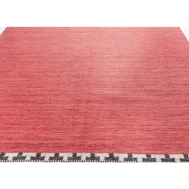 Doris Leslie Blau Scandinavian Vintage Abstract Brick Red Flatweave Wool Carpet For Sale - Image 4 of 9