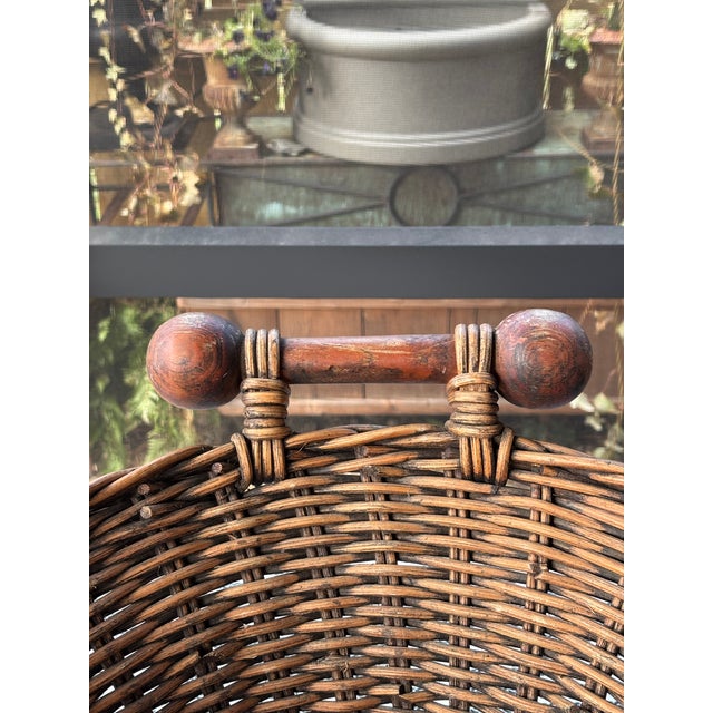 Vintage French Wicker Basket With Turned Wood Handles & Wood Slatted Base For Sale - Image 16 of 16