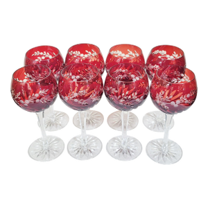 Ruby Red Cut to Clear Crystal Bohemian Style Wine Glass Goblets - Set of 8