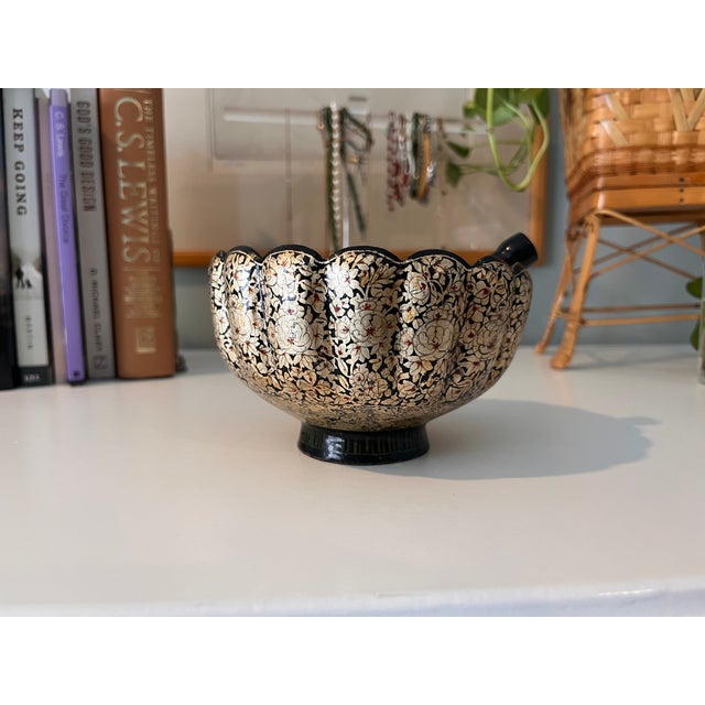 Vintage Mid Century Persian Chinoiserie Paper Mache And Brass Silver Leaf Floral Mortar And Pestle Vintage Rare Find...