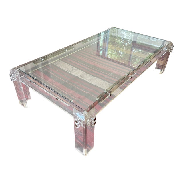 Vintage Lucite Coffee Table With Thick Acrylic Frame and Glass Top For Sale