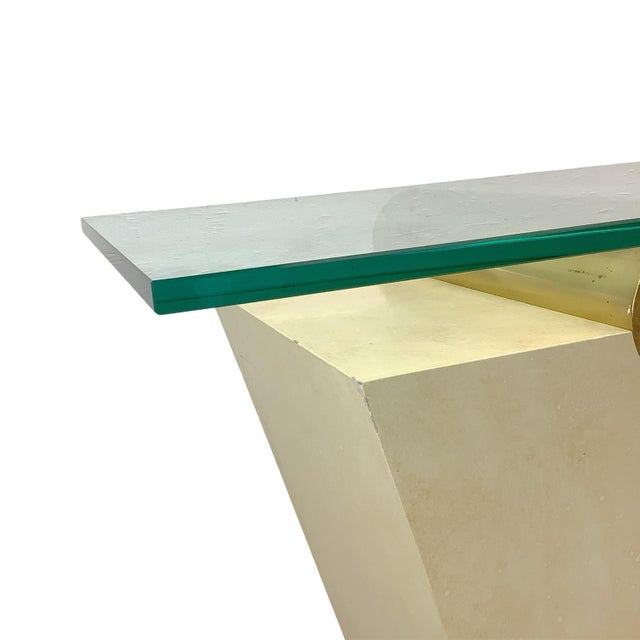 Mid 20th Century Vintage Modern Parchment-Style Console Table With Glass Top and Brass Accents For Sale - Image 5 of 18