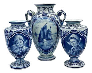 Antique German Blue Faience Vases from Delft Bonnie, 1890s, Set of 3
