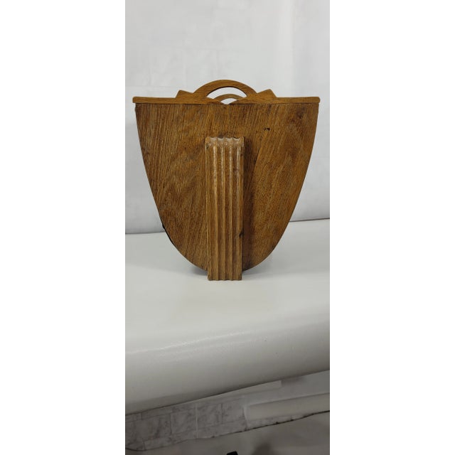 Vintage Art Deco Wood and Metal Magazine Rack Fireplace Holder In good condition with wear, tarnish. The a couple of the...