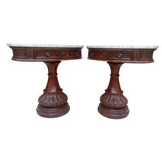 Carved Wood Demi Lune Nightstands with Marble Top, 1940, Set of 2 For Sale
