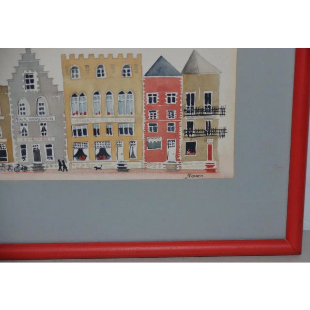 Illustration Vintage Bruges Row Houses Original Watercolor C.1980s For Sale - Image 3 of 7