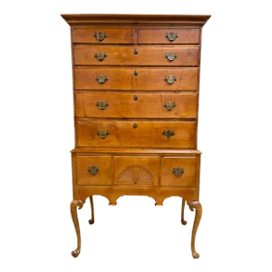 Antique Flat Top Curly Maple or Tiger Maple Queen Anne Highboy Chest