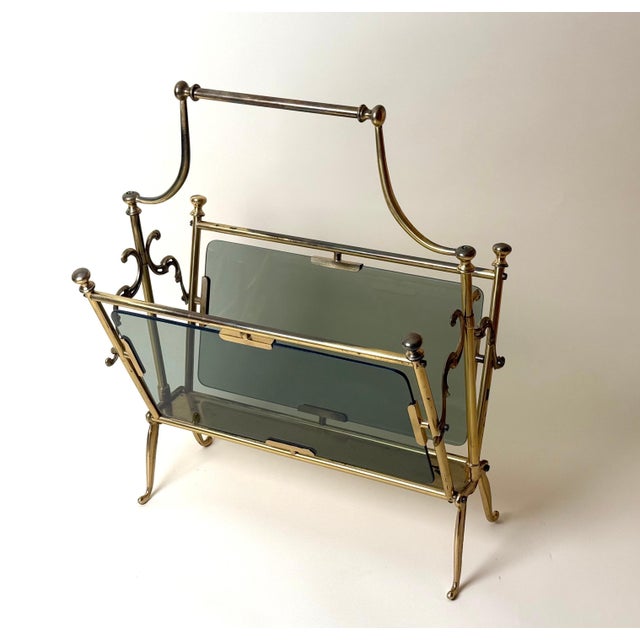 Metal Italian Brass and Smoked Glass Magazine Rack, Italy, 1960s For Sale - Image 7 of 13