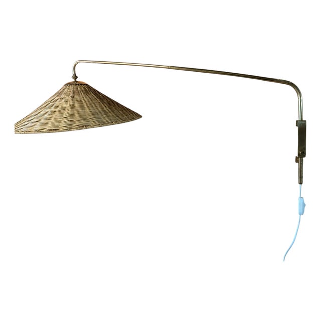 Adjustable Wall Light in Brass and Rattan by Valinte Finland, 1950s For Sale