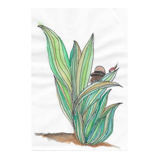 Ladybug and Plant Watercolor Painting For Sale