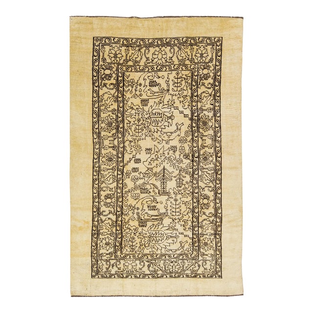 Transitional Style Handmade Beige Wool Rug With Allover Design For Sale