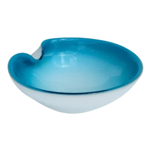 C1960's Italian Alfredo Barbini Hand-Blown Murano Catchall, Decorative Bowl - Cerulean Blue Azure & White Outer Casing
