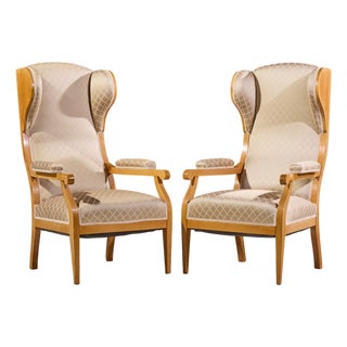Frits Henningsen Style Swedish Biedermeier Wingback Lounge Chairs - Pair For Sale