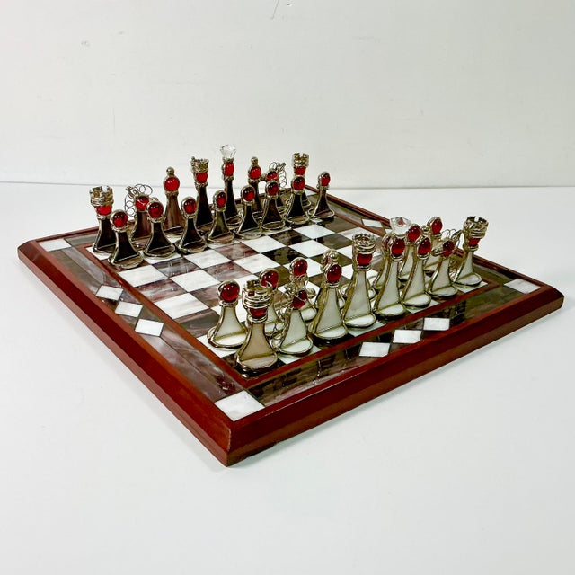 Vintage Home is pleased to present this Vintage Stained Slag Glass and Cherry Chess Set from the 1950s. The set is...