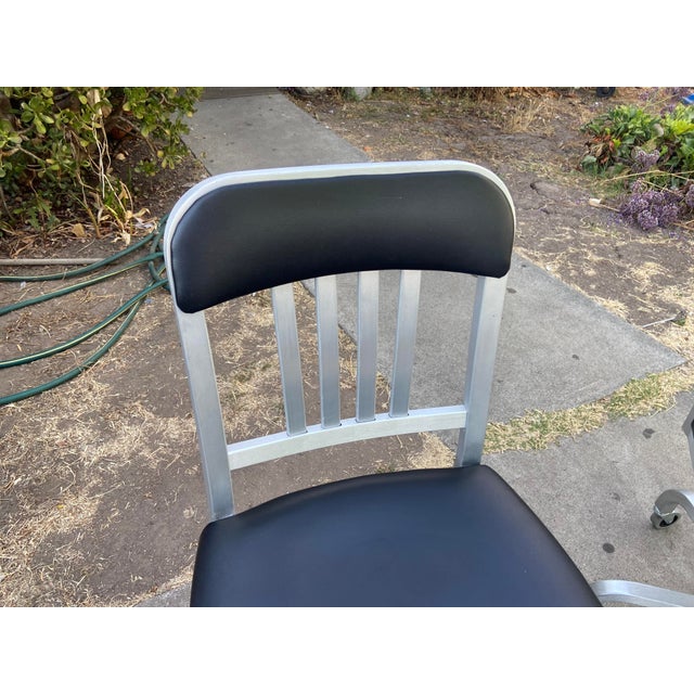 Emeco 1022 Aluminum Leather Navy Semi Upholstered Swivel Chairs Set of 3 For Sale - Image 12 of 18